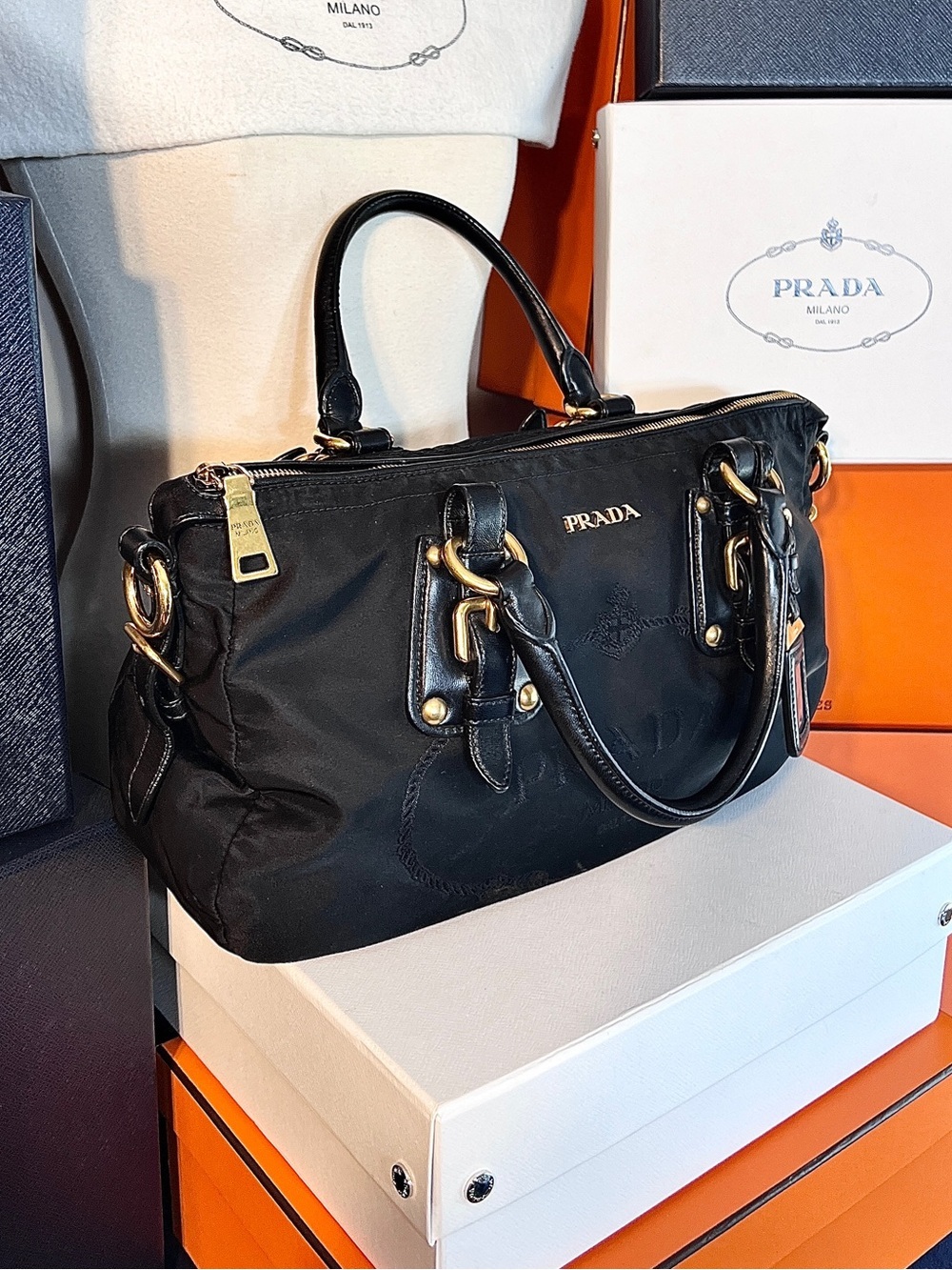 Prada⭐️ Black Nylon Gold Top-Handle Satchel! Prada embroidery!⭐️ Offers welcome!